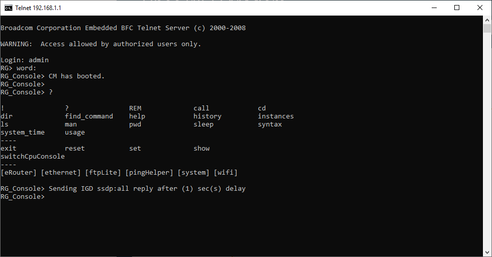 EVW32c Telnet pristup