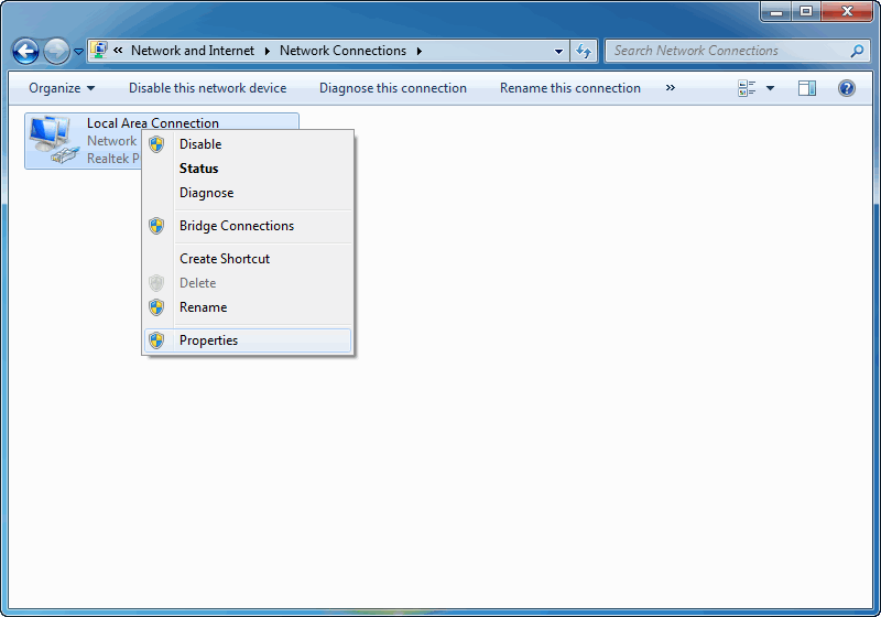 Network adapter context menu